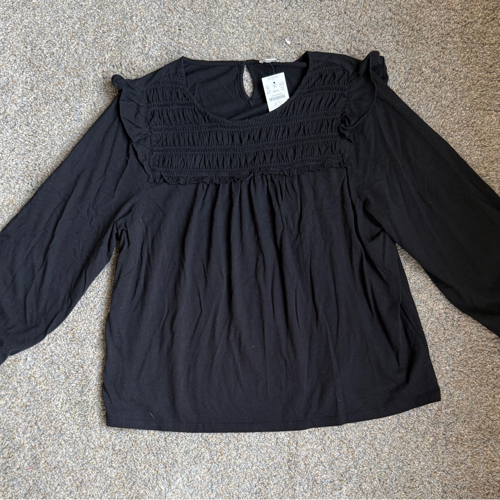 J crew Elegant Black Women's smocked ruffle shoulder knit Top size XXL NWT